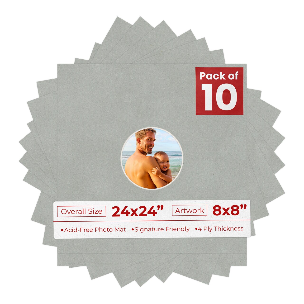 Light Grey Suede Mat Board for 24x24 Frames - Circle Opening for 8x8 Photos
